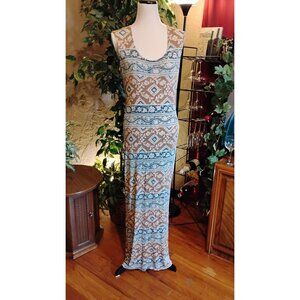 ♥Cle Paris Women's Maxi Dress Brown & Blue Boho Floral Geometric Print Sleeveles